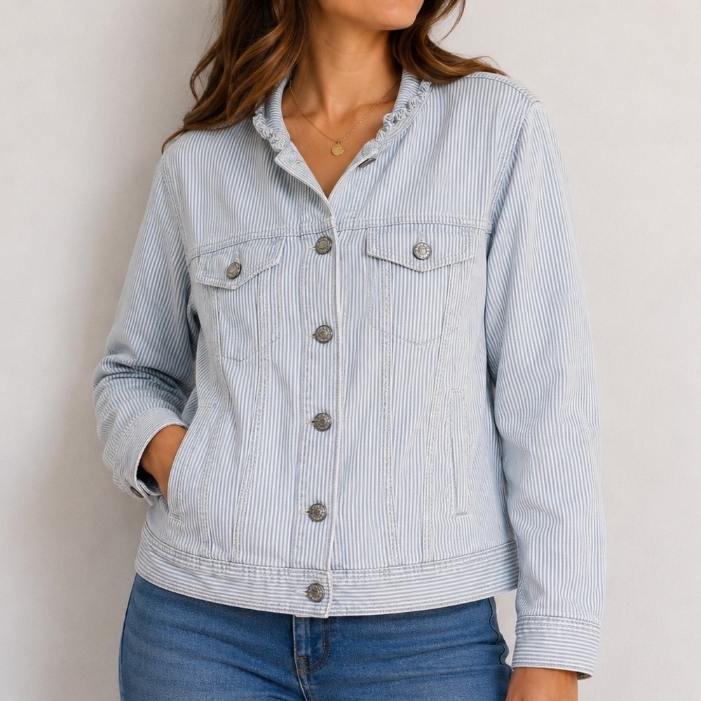Talbots Denim Jacket M Blue White Stripe Ruffle Collar Coastal Preppy Cotton